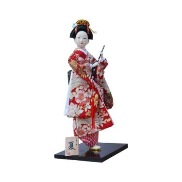Imagem de Wswqop Boneca Gueixa Japonesa de Quimono de 30 Cm, Estátua Tradicional, Decoração de Mesa, Artesanato para Escritório, Estatueta Kabuki Asiática para Casa de, Flor Branca Vermelha, Tamanho real