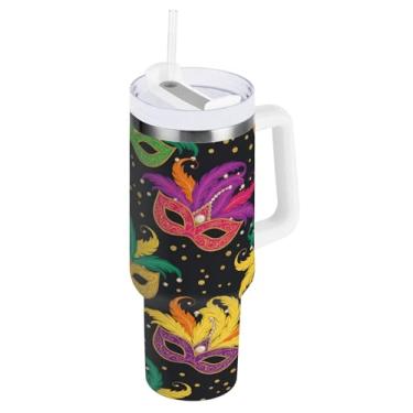 Imagem de Blueangle Copo isolado de máscara de carnaval de 1,134 g com alça e tampa de palha, caneca de viagem reutilizável de aço inoxidável (926)