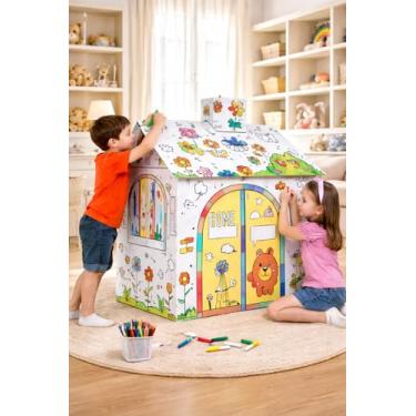 Imagem de Casa de Brincar Infantil para Montar e Colorir DIY em Papelão – Casinha Dobrável para Crianças, Uso Interno