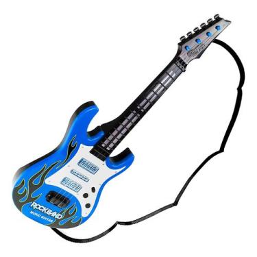 Imagem de Guitarra Musical Infantil Azul Rock Band Com Luz De LED E Sons Contém 