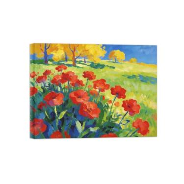 Imagem de Impressão em tela de arte de parede de paisagem - flores vermelhas - pintura de decoração - imagens para sala de estar pronta para pendurar tela embrulhada 40 x 50 cm 16 x 20 polegadas
