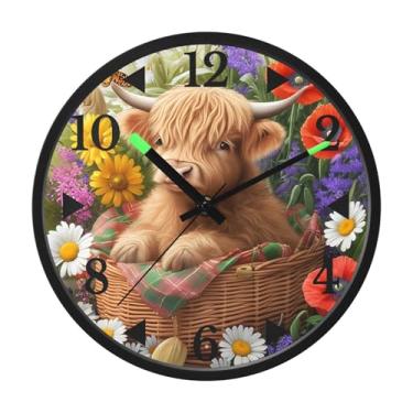 Imagem de STAYTOP Lindo relógio de parede marrom de vaca Highland LED para quarto com brilho noturno, relógios de parede silenciosos de 30 cm para decoração de sala de estar, controle de som, relógio de parede