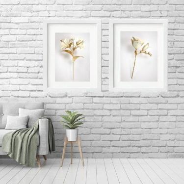 Imagem de Kit 2 Quadros Grandes Flores Branca Dourado - 60X48Cm