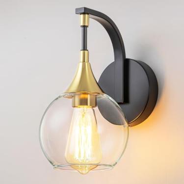 Imagem de FIYUEOYI Arandela de parede moderna, luzes de banheiro pretas e douradas com sombra de vidro transparente, 1 luminária de parede para banheiro, sala de estar, corredor, quarto