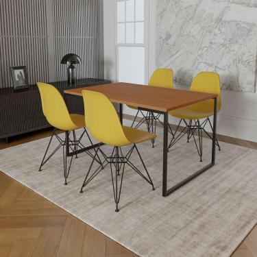 Imagem de Mesa Industrial Base Ferro Preto Tampo 137X90 Canela 4 Cadeiras Ferro Preto Assento Amarelo Marrom