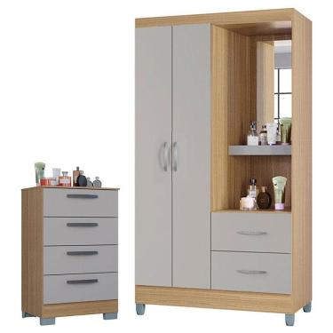 Imagem de Cômoda 867 4 Gavetas Com Guarda Roupa Solteiro Córdoba 2 Portas Damasco Off White - Poquema