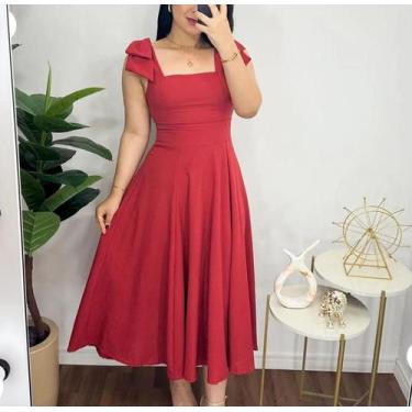 Imagem de Vestido de linho Longo com laço feminino - Dinamotiom, Vermelh0, M(38-