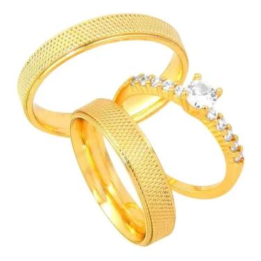 Imagem de Par De Alianças 4mm Chanfrada E Recartilhada Banhada Ouro