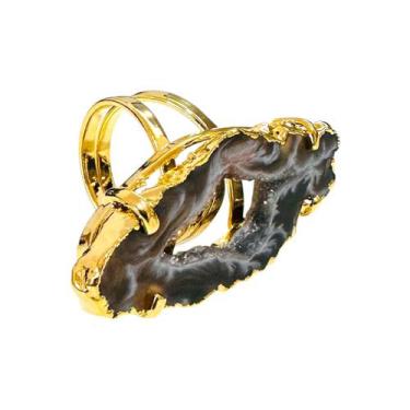 Imagem de Anel Pedra Natural Geodo De Ágata Fatiada Ajustável Cor:Dourado - Equi