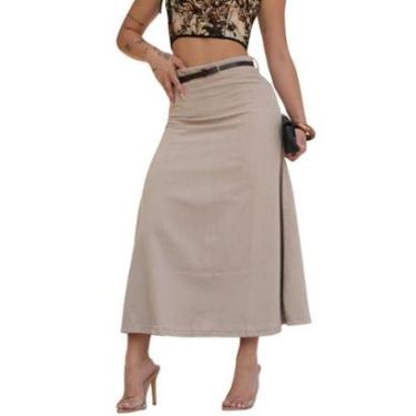 Imagem de Saia de Linho Midi com Cinto Evasê Marrom Claro-Feminino