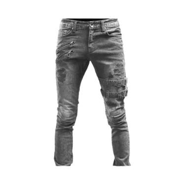 Imagem de Calças Jeans Masculinas Retrô Estilo Motoqueiro, Skinny Com Elástico, 