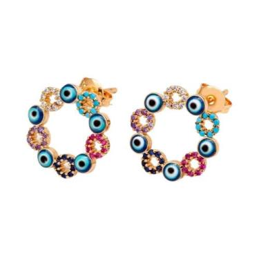 Imagem de Brincos De Cobre Com Olho Turco E Zircônia Redonda Micro Pavê Para Mul
