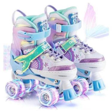 Imagem de Patins Quad Sereia 4 Rodas Infantil Tamanho Ajustável Com Luz de Led +