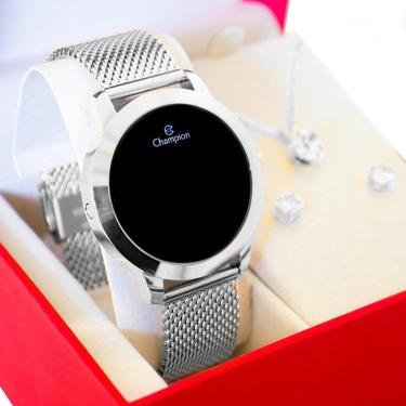 Imagem de Relógio Champion Feminino Prata Digital Led Vermelho CH40106T Kit Colar e Brincos-Feminino