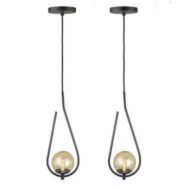 Imagem de Kit 2 Pendentes Lustres On Drop Preto Globo De Vidro Ambar - Trybo Des