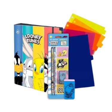Imagem de Kit Fichário Argolado Looney Tunes Universitario 48Folhas e 10 Divisór