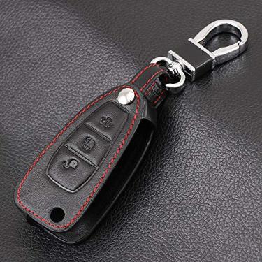 Imagem de WSWJDW Leather 3 Button Car Key Case Cover Keychain Ring Key Bag, Fit For Ford Ranger C-Max S-Max Focus Galaxy Mondeo Transit Tourneo Custom