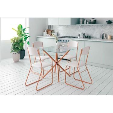 Imagem de Conjunto de Mesa de Jantar com Tampo de Vidro Incolor Knot e 4 Cadeiras Byron Vinil Branco