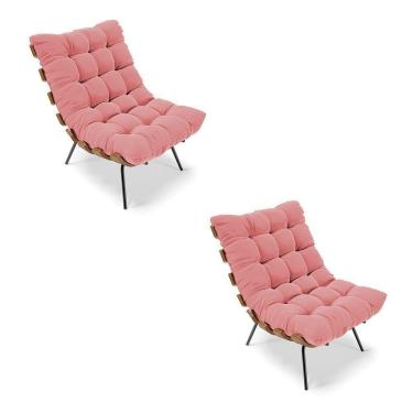 Imagem de Kit 02 Poltronas Costela Suede Base Metálica Preto Rose