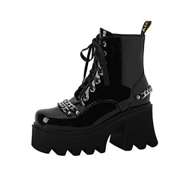Imagem de Botas femininas plataforma tornozelo botas góticas bloco grosso punk alto com cadarço botas de combate de motocicleta de salto alto,Bright,6 UK/39 EU
