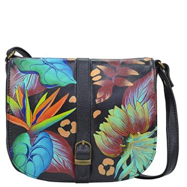 Imagem de Anna by Anuschka Bolsa tiracolo feminina pintada à mão com aba de couro genuíno, Tropical Dreams Preta, One Size