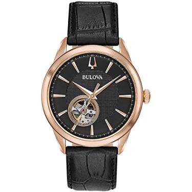 Imagem de Bulova Relógio masculino clássico automático com pulseira de couro, mostrador de abertura aberta, recurso de corte, 41 mm, Pulseira preta/ouro rosa, Pulseira de couro preto