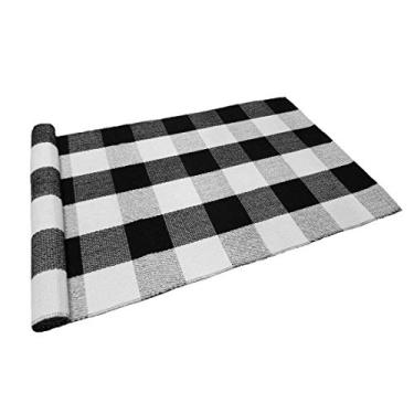 Imagem de Levinis Tapete xadrez preto e branco 100% algodão tapetes para varanda, preto/branco, tecido à mão, 60 cm x 90 cm