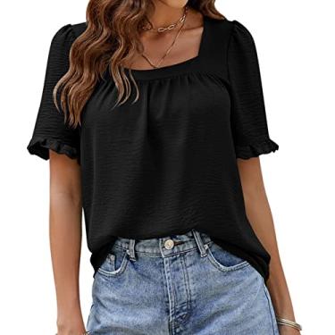 Imagem de Camiseta feminina de manga curta, blusas casuais de verão manga com babados tops blusa plissada pulôver, preta, M (busto: 102 cm)