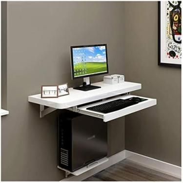 Imagem de Branco Com Bandeja Extraível Para Teclado Mesa De Computador Flutuante Montada Na Parede Com Acessórios De Instalação Orifício Para Cabo Oculto Teclado Ajustável Trilho Suspenso Pintura Mesa De Me
