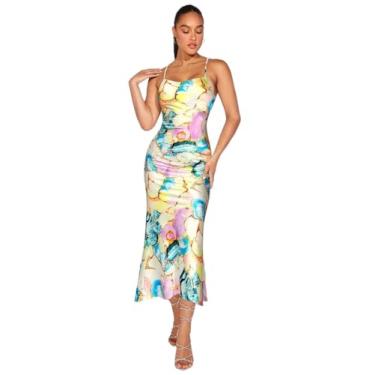 Imagem de Camisa Feminina Marble Print Crisscross Backless Mermaid Hem Cami Dress (Color : Multicolor, Size : L)