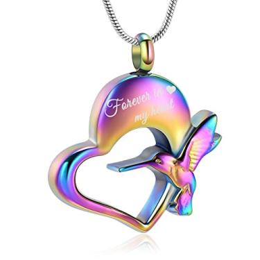 Imagem de QGJNSGC Colar de beija-flor, joia para cremação, colar de urna de beija-flor para cinzas, coração, cinzas, lembrança, joia de cremação, suporte de cinzas funerárias, Forever in my heart, aço