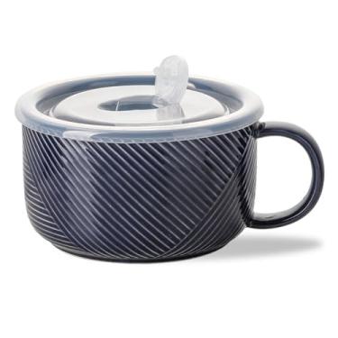 Imagem de Adewnest Tigelas de sopa grandes com alças: Caneca de sopa de 1,077 g com alça - Tigela de cerâmica grande segura para micro-ondas com tampa - Copo de sopa grande e largo - azul-marinho, 15 cm, jumbo