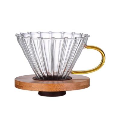 Imagem de Jaugufiy Gotejador de café de vidro transparente, suporte de filtro de café, cone de filtro de café com almofada de madeira, suporte de filtro de café com alça