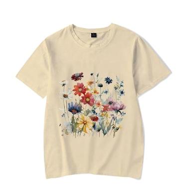 Imagem de QLIFSHI Camisetas femininas casuais de verão com estampa floral criativa gola redonda e manga curta, Caqui, PP