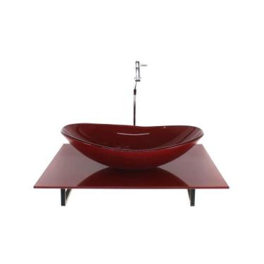 Imagem de Kit Cuba Vidro Oval Tampo 60Cm Vermelho Cereja Full E - Cubas E Gabine