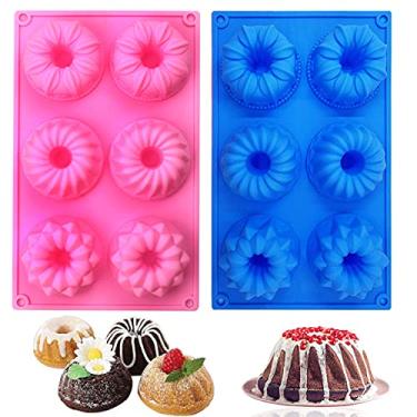 Imagem de SAGOOITS Mini formas de bolo de silicone, forma de bolo de tubo canelado de 6 cavidades, molde de silicone antiaderente para cupcakes, rosquinhas, pão de milho, geleias - 2 pacotes (rosa, azul)