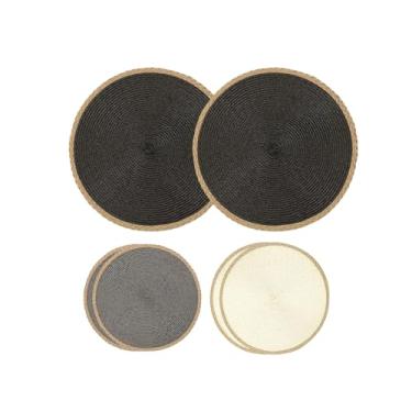Imagem de Kit 2 Uni Jogo Americano Redondo Algodão Com Borda de Fibra Natural 34cm Estiloso Ideal P/Mesa Posta Jantares Sousplat Moderno (Preto)