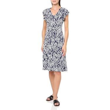 Imagem de London Times Vestido feminino com estampa de folhas, gola V, manga e babados, Azul-marinho/marfim, 42