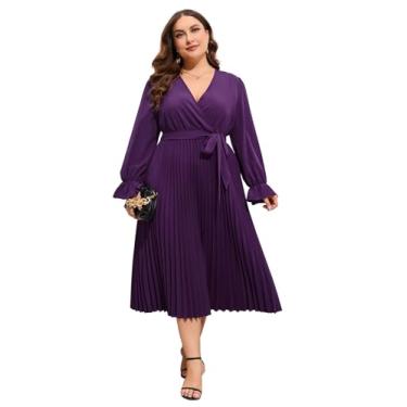 Imagem de KOJOOIN Vestido feminino plus size, gola V, bainha plissada, babados, mangas compridas, elegante, casual, midi com cinto, Roxa, 3G