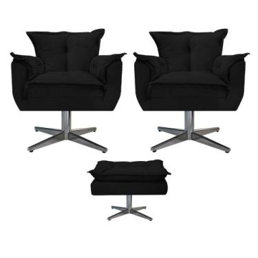 Imagem de Kit 02 Poltronas e Puff Opala Base Giratória de Metal Suede Preto - DA