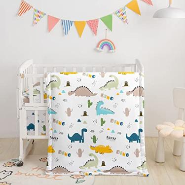 Imagem de Datura home Conjunto de cama de berço, 3 peças, lençol de berço com edredom e saia de berço, estampa de borboleta em aquarela para bebês meninos e meninas (branco dinossauro)