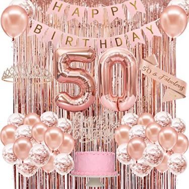 Imagem de PopularLdo Decorações De Aniversário De 50 Anos Para Mulheres, Banner De Feliz Aniversário De 50 Anos, Coroa, Faixa, Topo De Bolo E Balão Numérico, Ouro Rosa Decorações De Festa De 50 Anos Para Mulher