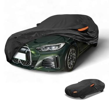 Imagem de Partuto Capa de carro à prova d'água para todos os climas, automotiva, externa, anti-UV, proteção contra chuva e sol, cobertura externa completa para BMW I4 190T-PU preta com tiras refletoras