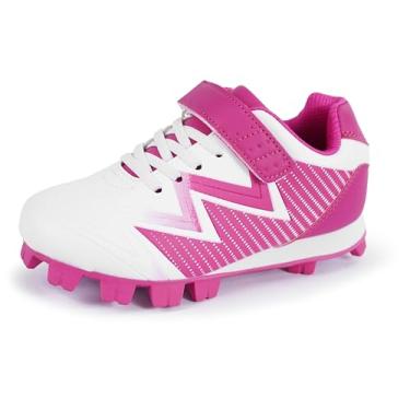 Imagem de Sooneeya Chuteiras de beisebol para crianças - Chuteira de softbol moldada de borracha unissex para meninos e meninas - Tênis esportivo ao ar livre para meninos e meninas, rosa, 17
