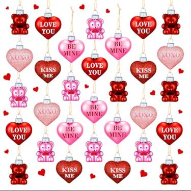 Imagem de JUNEBRUSHS Ornamentos de coração de dia dos namorados para árvore, 24 peças de enfeites de coração e urso com glitter, decorações de dia dos namorados, decoração de árvore de dia dos namorados,