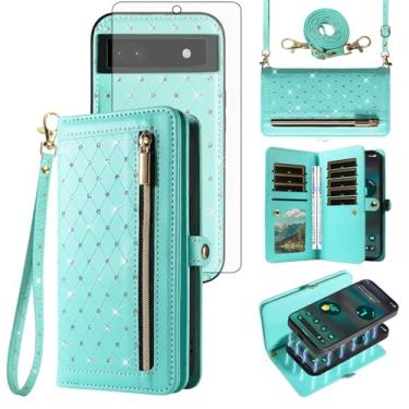 Imagem de Asuwish Capa de celular para Google Pixel 6A 5G 2022 com zíper carteira magnética destacável com protetor de tela de vidro temperado, alça transversal, flip brilhante, porta-cartão de crédito, Pixel6A