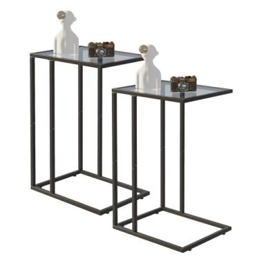 Imagem de Easy Paws Conjunto de 2 mesas de canto em forma de C, mesa lateral de lanche de vidro temperado com moldura de metal, mesa lateral de sofá, estilo moderno, preto