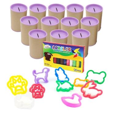 Imagem de Kit 12 Cofres Papelão 36 Cortadores Formato Animais 2 Caixas de Massinha Modelar Lembrancinhas Aniversário Mundo Animal Pet (Cofre Lilas)
