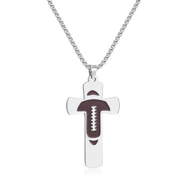 Imagem de Colar masculino com cruz de futebol americano, pingente de cruz de aço inoxidável, joia esportiva religiosa cristã, presente para filho, namorado, marido, Standard, Aço inoxidável, Sem Pedra Preciosa