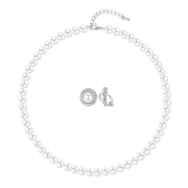 Imagem de Aleasha Conjunto de brincos de colar de pérolas falsas brancas de 8 mm e 10 mm para mulheres brincos de zircônia de vidro redondo para noivas joias de casamento presentes, 8mm, Vidro, Pérola sintética
